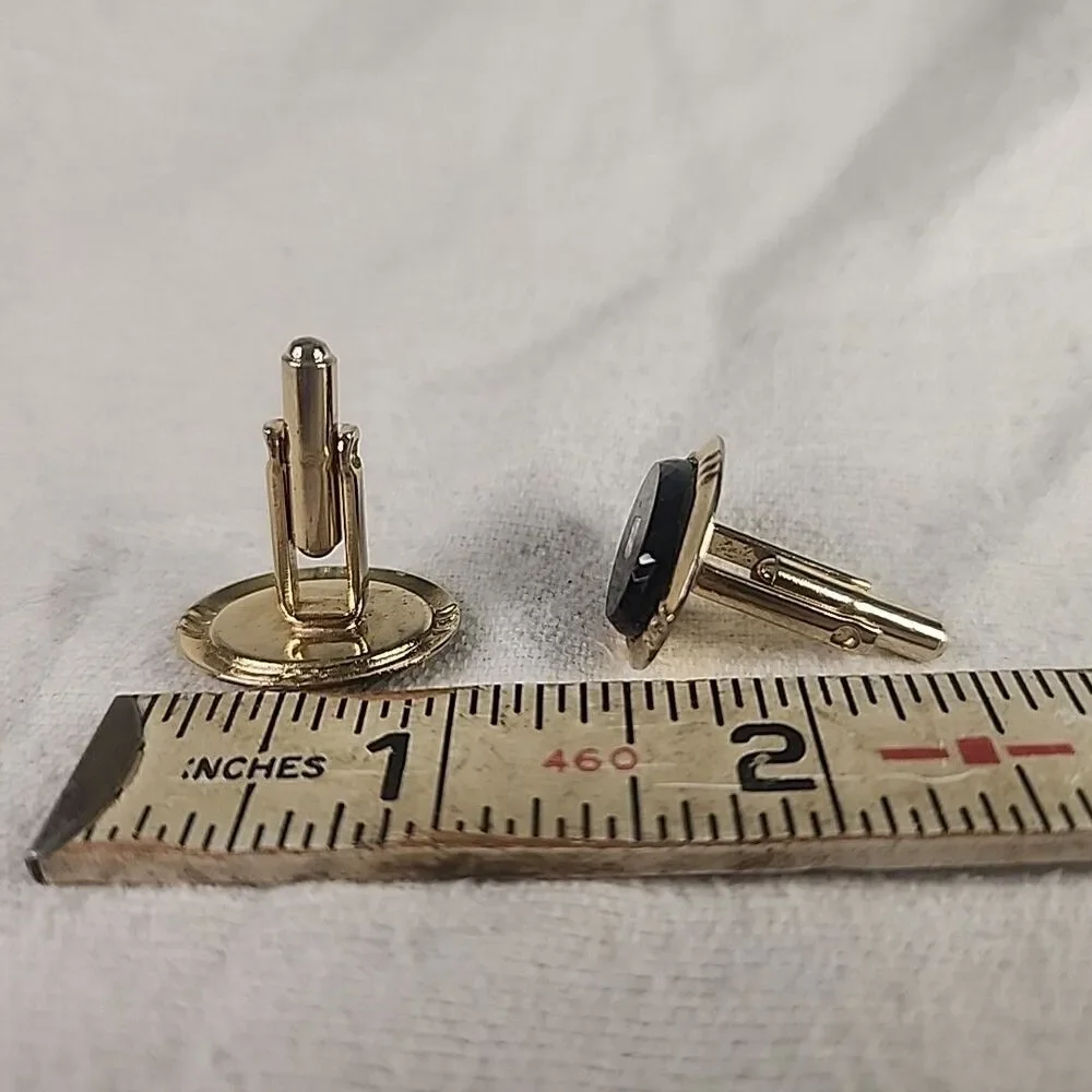 Cufflinks Oval Black Stone with Diamond Shape Insert Gold Tone Unbranded Vintage